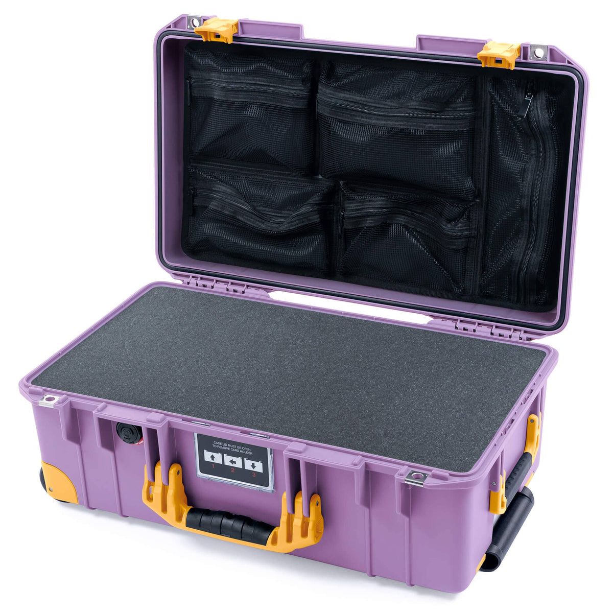 Pelican 1535 Air Case, Lilac with Yellow Handles, Latches &amp; Trolley Pick &amp; Pluck Foam with Mesh Lid Organizer ColorCase 015350-0101-540-241-240
