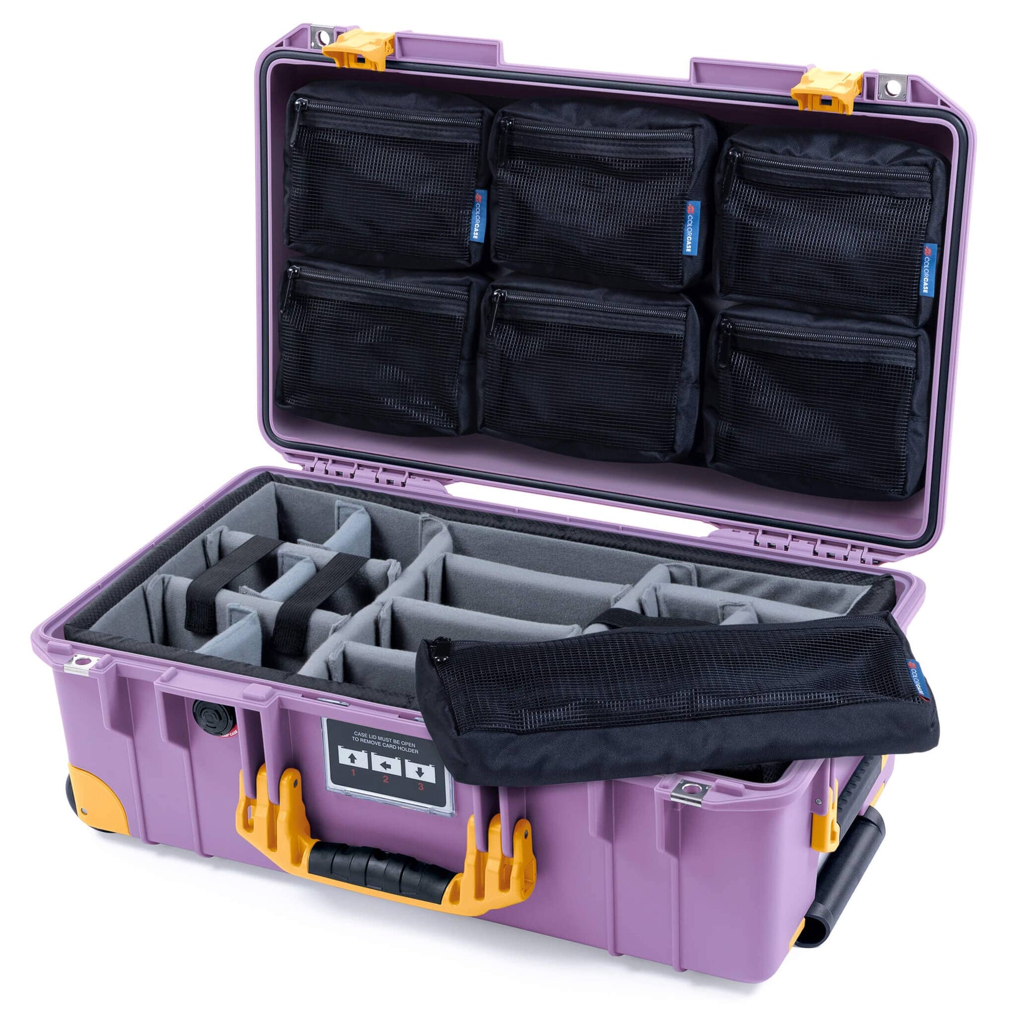 Pelican 1535 Air Case, Lilac with Yellow Handles, Latches & Trolley Gray Padded Microfiber Dividers with 7-Piece Removable Mesh Pouches ColorCase 015350-0770-540-241-240