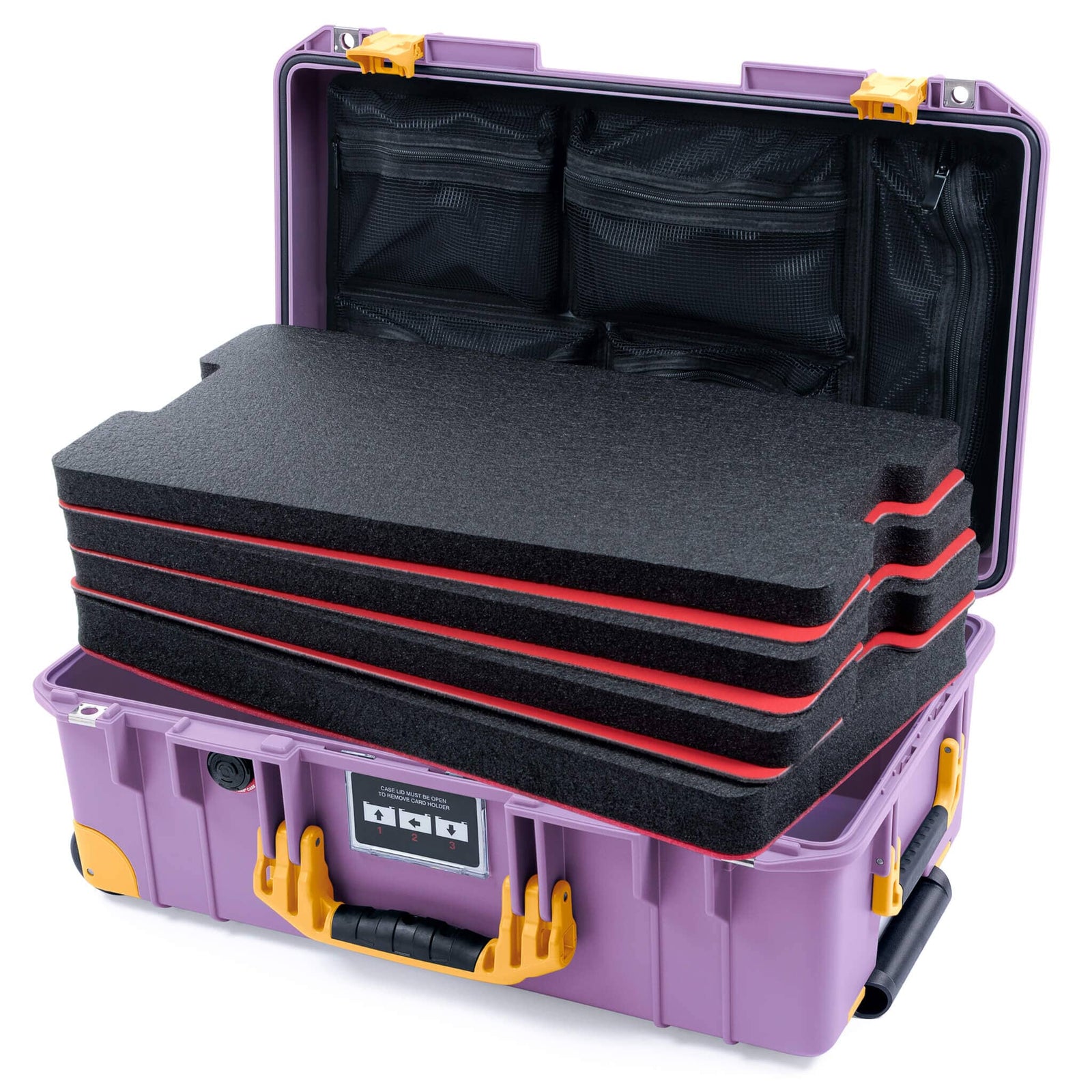 Pelican 1535 Air Case, Lilac with Yellow Handles, Latches & Trolley Custom Tool Kit (4 Foam Inserts with Mesh Lid Organizer) ColorCase 015350-0160-540-241-240