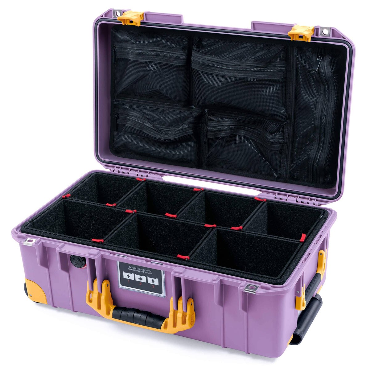 Pelican 1535 Air Case, Lilac with Yellow Handles, Latches &amp; Trolley TrekPak Divider System with Mesh Lid Organizer ColorCase 015350-0120-540-241-240