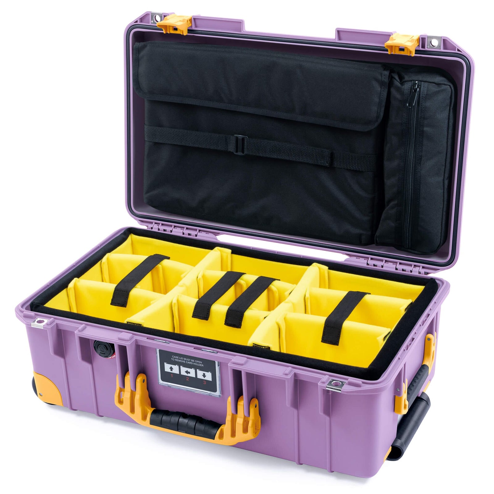 Pelican 1535 Air Case, Lilac with Yellow Handles, Latches & Trolley Yellow Padded Microfiber Dividers with Laptop Computer Lid Pouch ColorCase 015350-0210-540-241-240