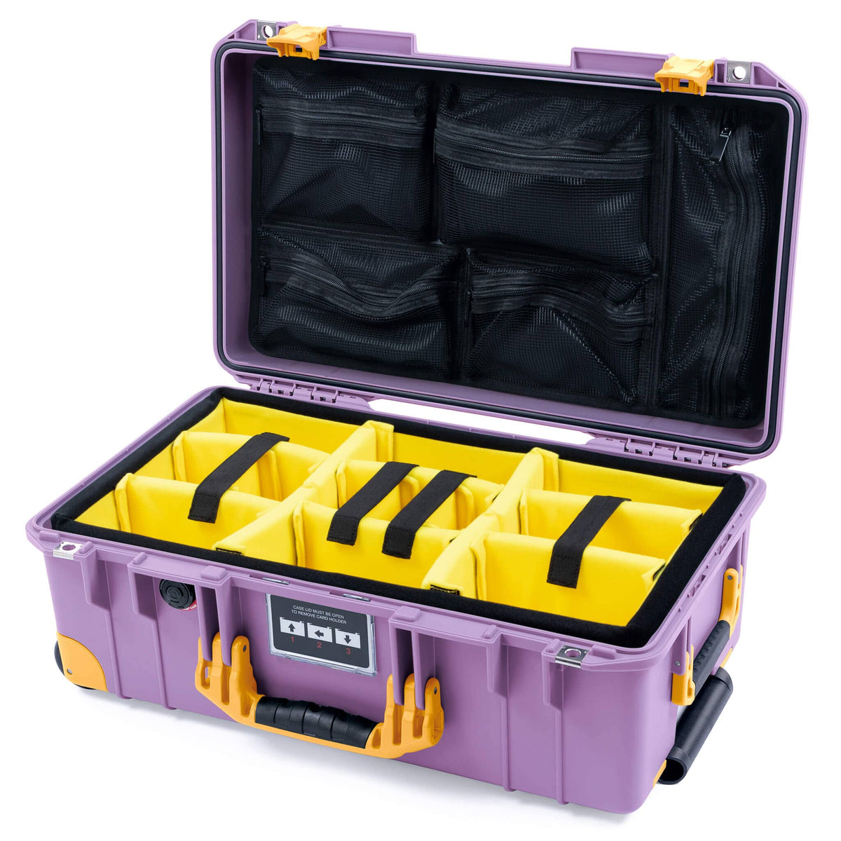 Pelican 1535 Air Case, Lilac with Yellow Handles, Latches &amp; Trolley Yellow Padded Microfiber Dividers with Mesh Lid Organizer ColorCase 015350-0110-540-241-240