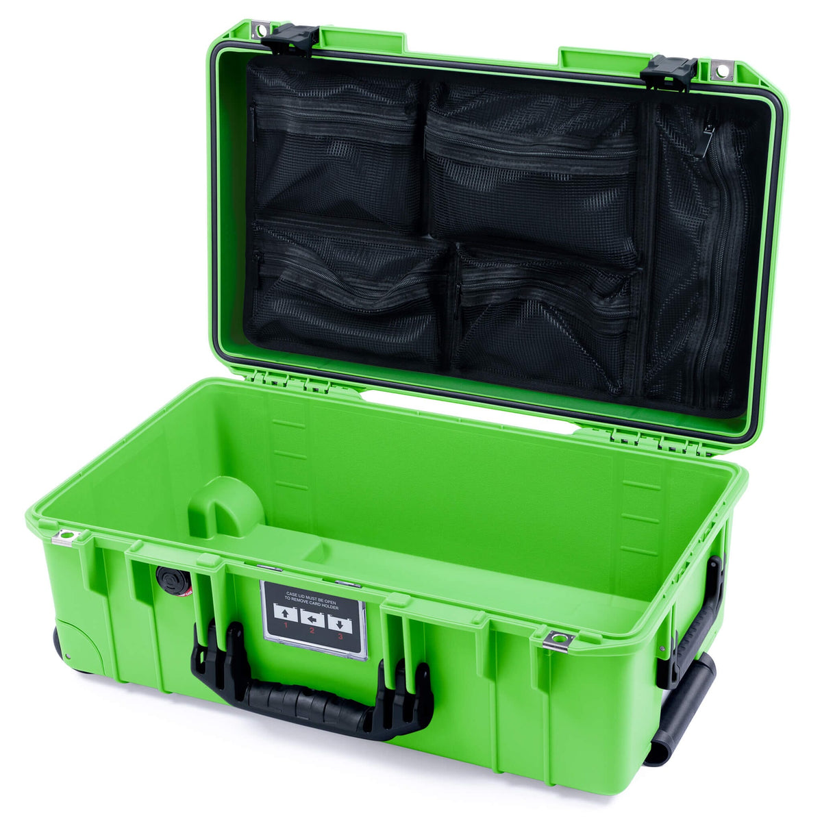 Pelican 1535 Air Case, Lime Green with Black Handles &amp; Push-Button Latches Mesh Lid Organizer Only ColorCase 015350-0100-300-111