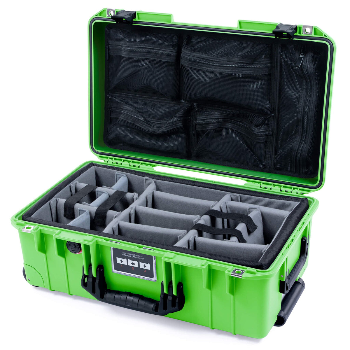 Pelican 1535 Air Case, Lime Green with Black Handles &amp; Push-Button Latches Gray Padded Microfiber Dividers with Mesh Lid Organizer ColorCase 015350-0170-300-111