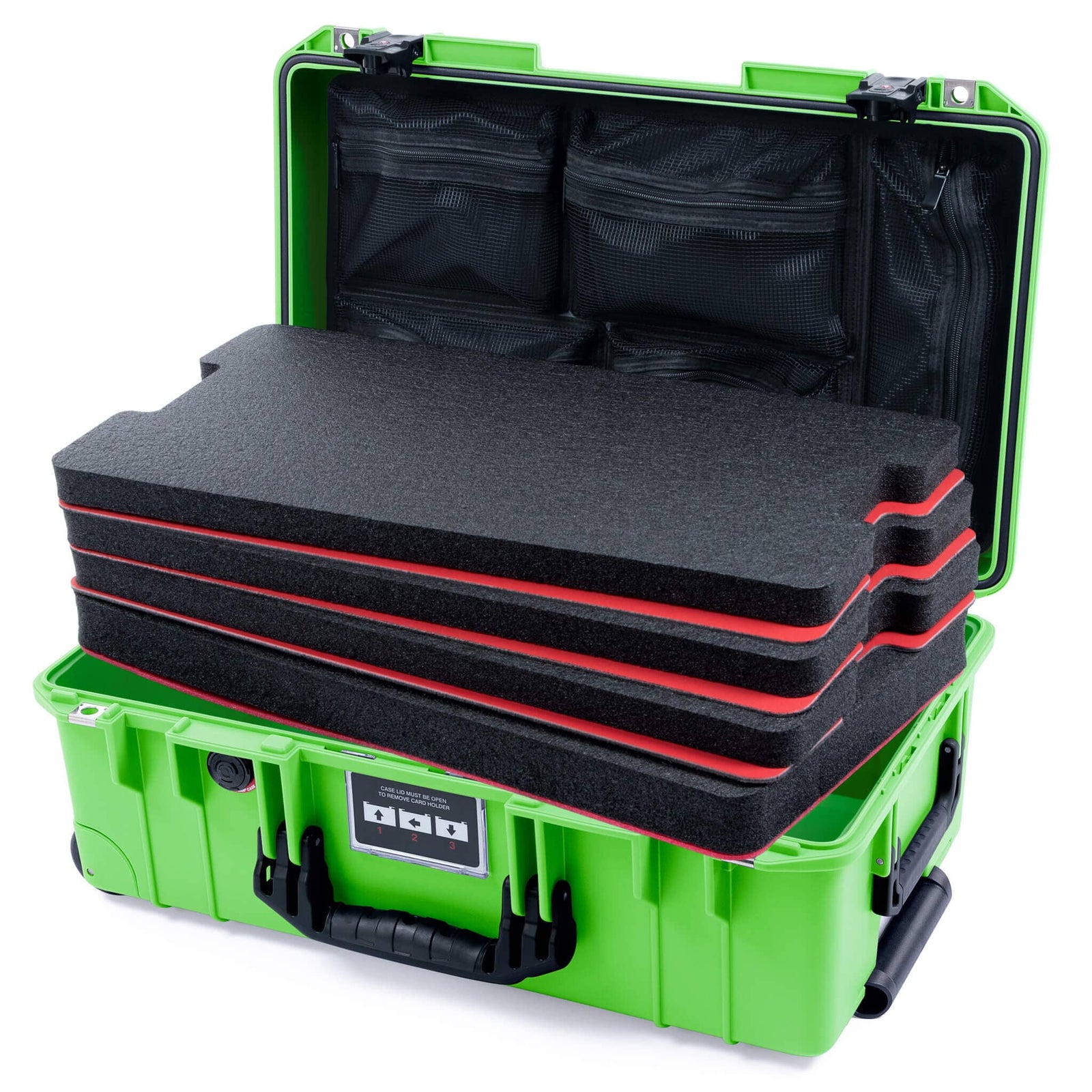 Pelican 1535 Air Carry - on Case - Lime Green & Black TSA Latches - DIY Tool Foam Kit / Mesh Lid Organizer