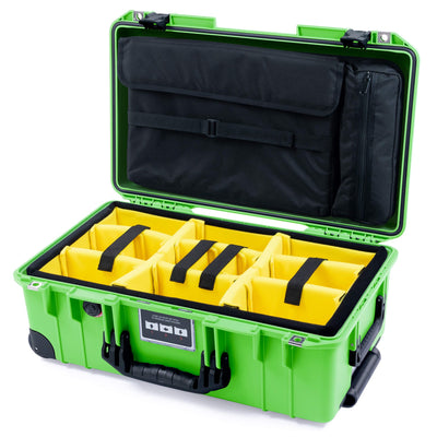 Pelican 1535 Air Case, Lime Green with Black Handles, Push-Button Latches & Trolley Yellow Padded Microfiber Dividers with Laptop Computer Lid Pouch ColorCase 015350-0210-300-111-110