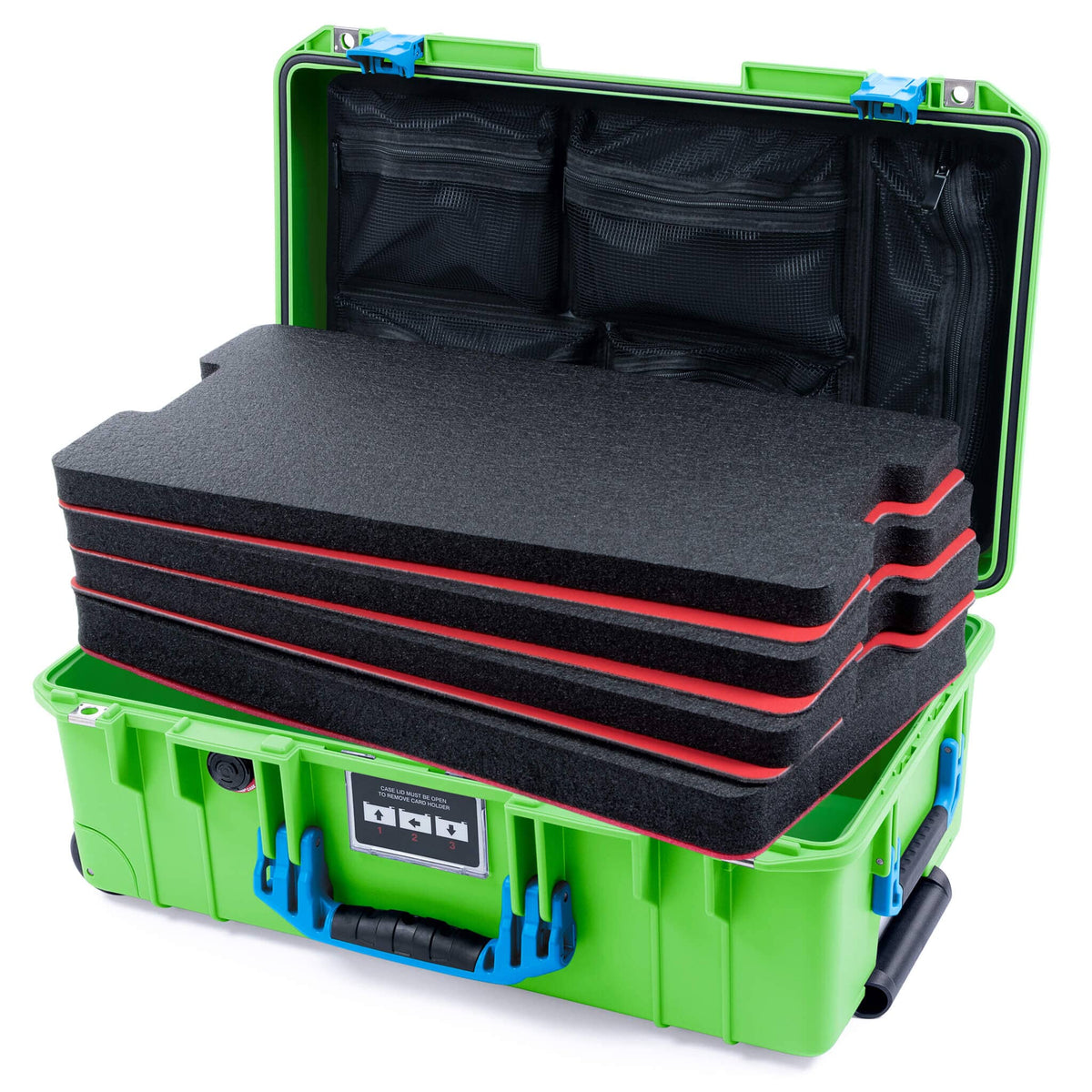 Pelican 1535 Air Case, Lime Green with Blue Handles &amp; Push-Button Latches Custom Tool Kit (4 Foam Inserts with Mesh Lid Organizer) ColorCase 015350-0160-300-121