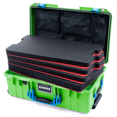 Pelican 1535 Air Case, Lime Green with Blue Handles & Push-Button Latches Custom Tool Kit (4 Foam Inserts with Mesh Lid Organizer) ColorCase 015350-0160-300-121