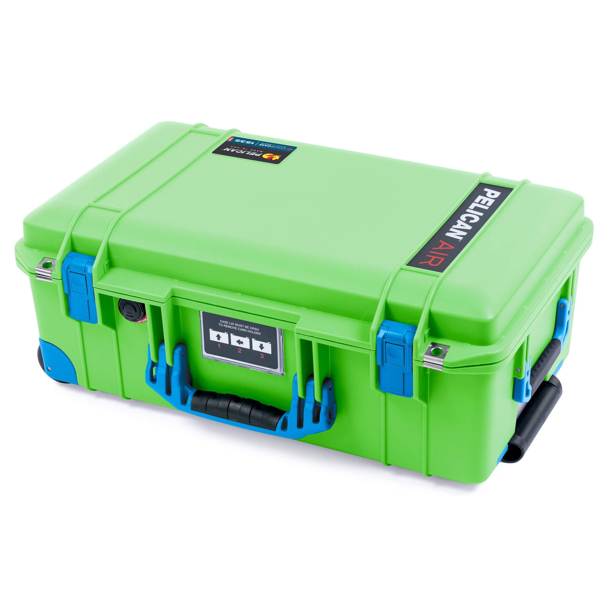 Pelican 1535 Air Case, Lime Green with Blue Handles, Push-Button Latches & Trolley ColorCase 