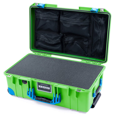 Pelican 1535 Air Case, Lime Green with Blue Handles, Push-Button Latches & Trolley Pick & Pluck Foam with Mesh Lid Organizer ColorCase 015350-0101-300-121-120