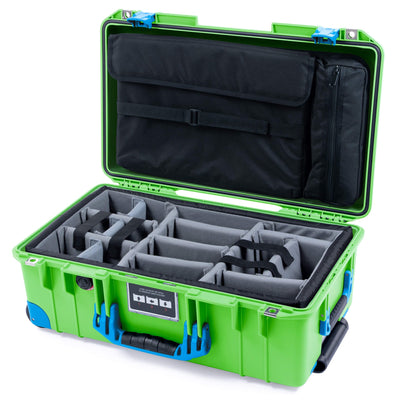 Pelican 1535 Air Case, Lime Green with Blue Handles, Push-Button Latches & Trolley Gray Padded Microfiber Dividers with Laptop Computer Lid Pouch ColorCase 015350-0270-300-121-120