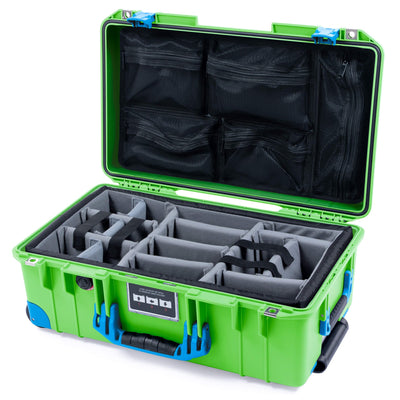 Pelican 1535 Air Case, Lime Green with Blue Handles, Push-Button Latches & Trolley Gray Padded Microfiber Dividers with Mesh Lid Organizer ColorCase 015350-0170-300-121-120