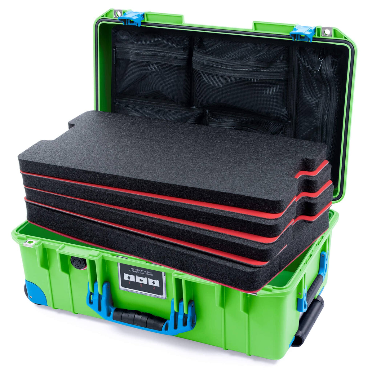 Pelican 1535 Air Case, Lime Green with Blue Handles, Push-Button Latches &amp; Trolley Custom Tool Kit (4 Foam Inserts with Mesh Lid Organizer) ColorCase 015350-0160-300-121-120