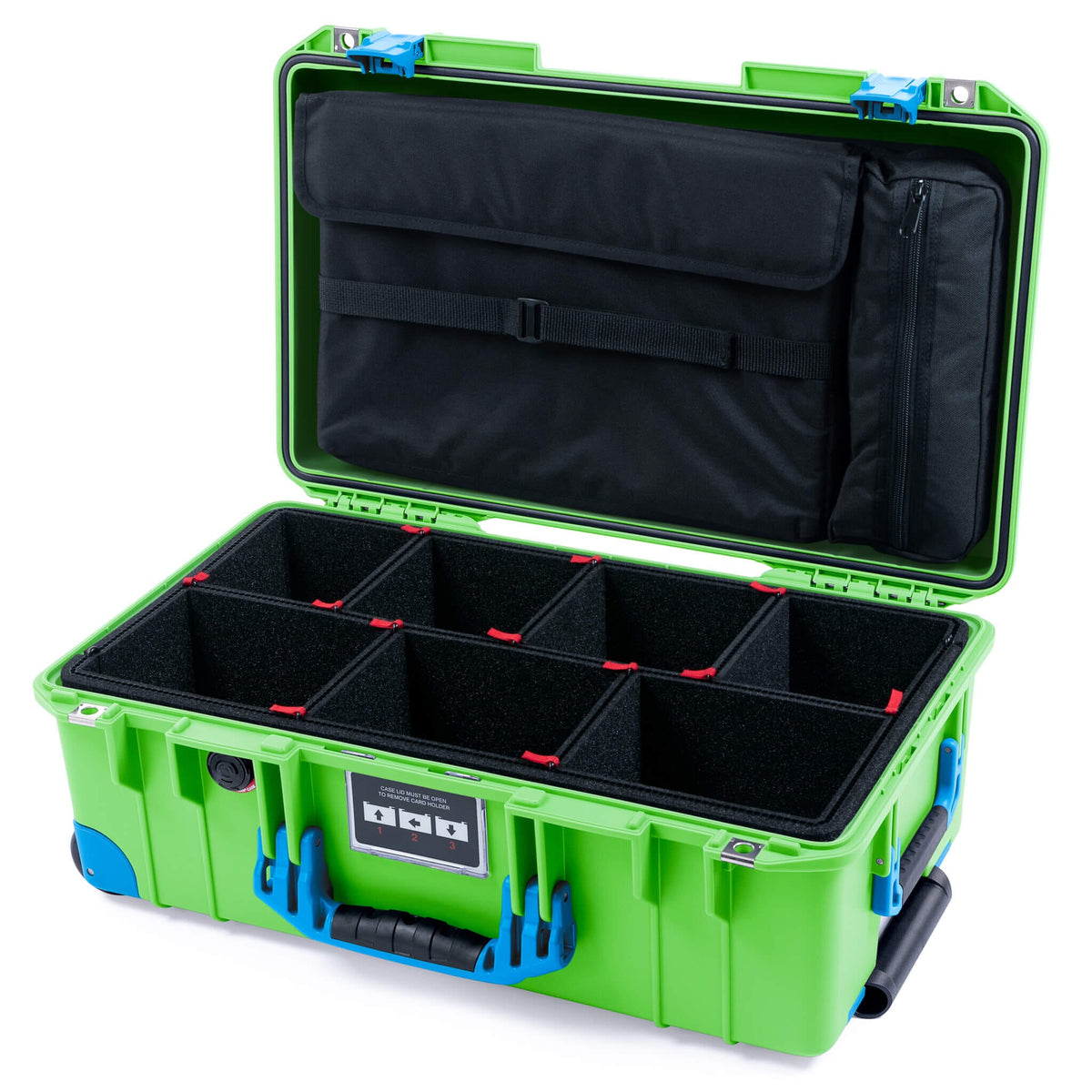 Pelican 1535 Air Case, Lime Green with Blue Handles, Push-Button Latches &amp; Trolley TrekPak Divider System with Laptop Computer Lid Pouch ColorCase 015350-0220-300-121-120