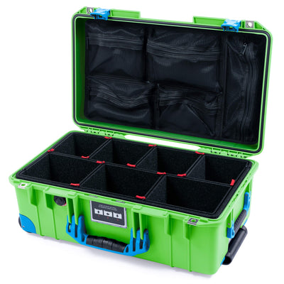 Pelican 1535 Air Case, Lime Green with Blue Handles, Push-Button Latches & Trolley TrekPak Divider System with Mesh Lid Organizer ColorCase 015350-0120-300-121-120