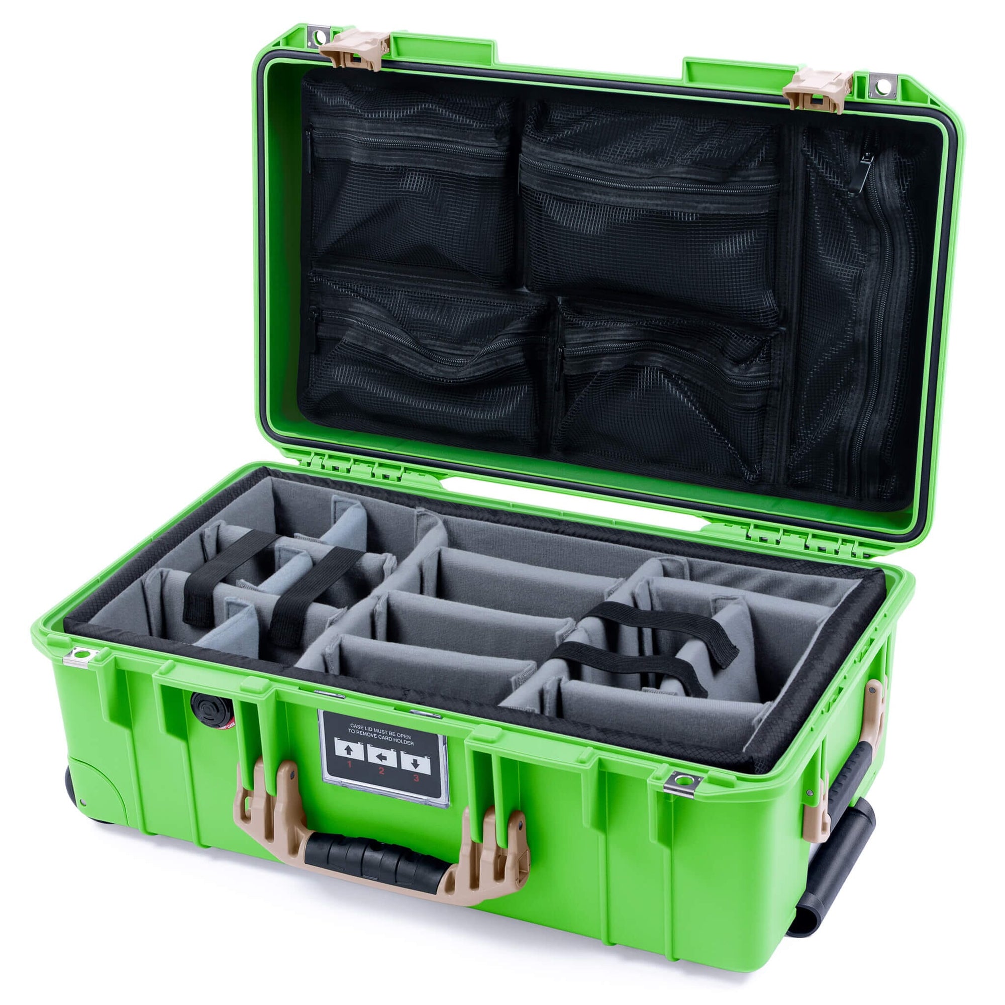 Pelican 1535 Air Case, Lime Green with Desert Tan Handles & Latches Gray Padded Microfiber Dividers with Mesh Lid Organizer ColorCase 015350-0170-300-311