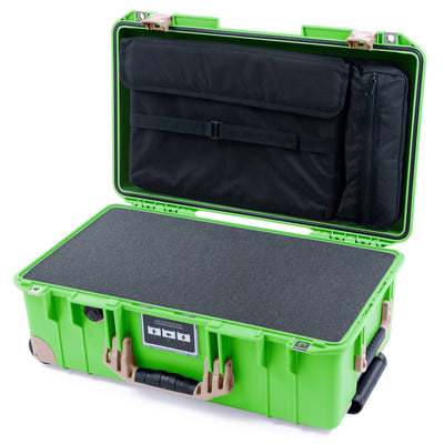 Pelican 1535 Air Case, Lime Green with Desert Tan Handles, Latches & Trolley Pick & Pluck Foam with Laptop Computer Lid Pouch ColorCase 015350-0201-300-311-310