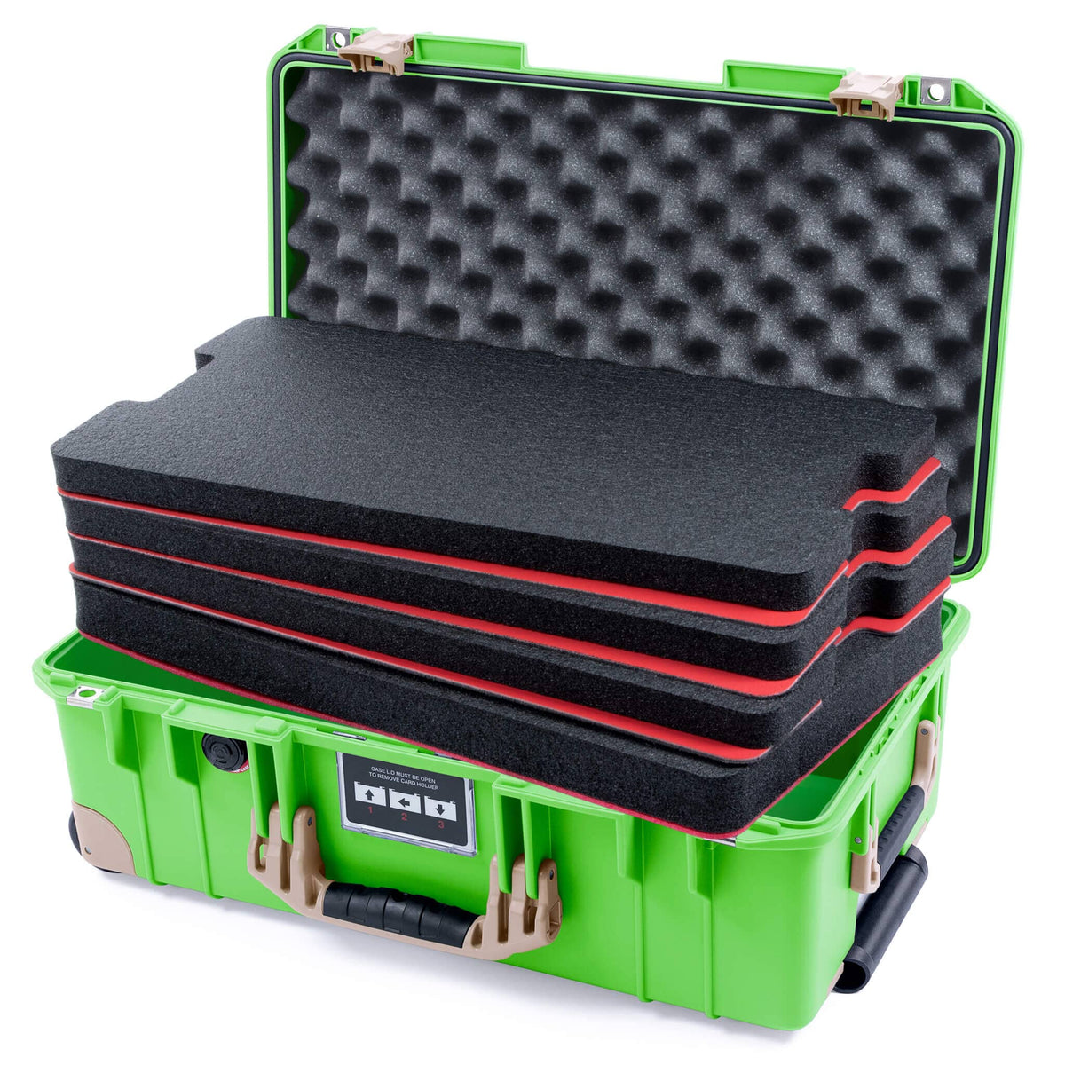 Pelican 1535 Air Case, Lime Green with Desert Tan Handles, Latches &amp; Trolley Custom Tool Kit (4 Foam Inserts with Convoluted Lid Foam) ColorCase 015350-0060-300-311-310