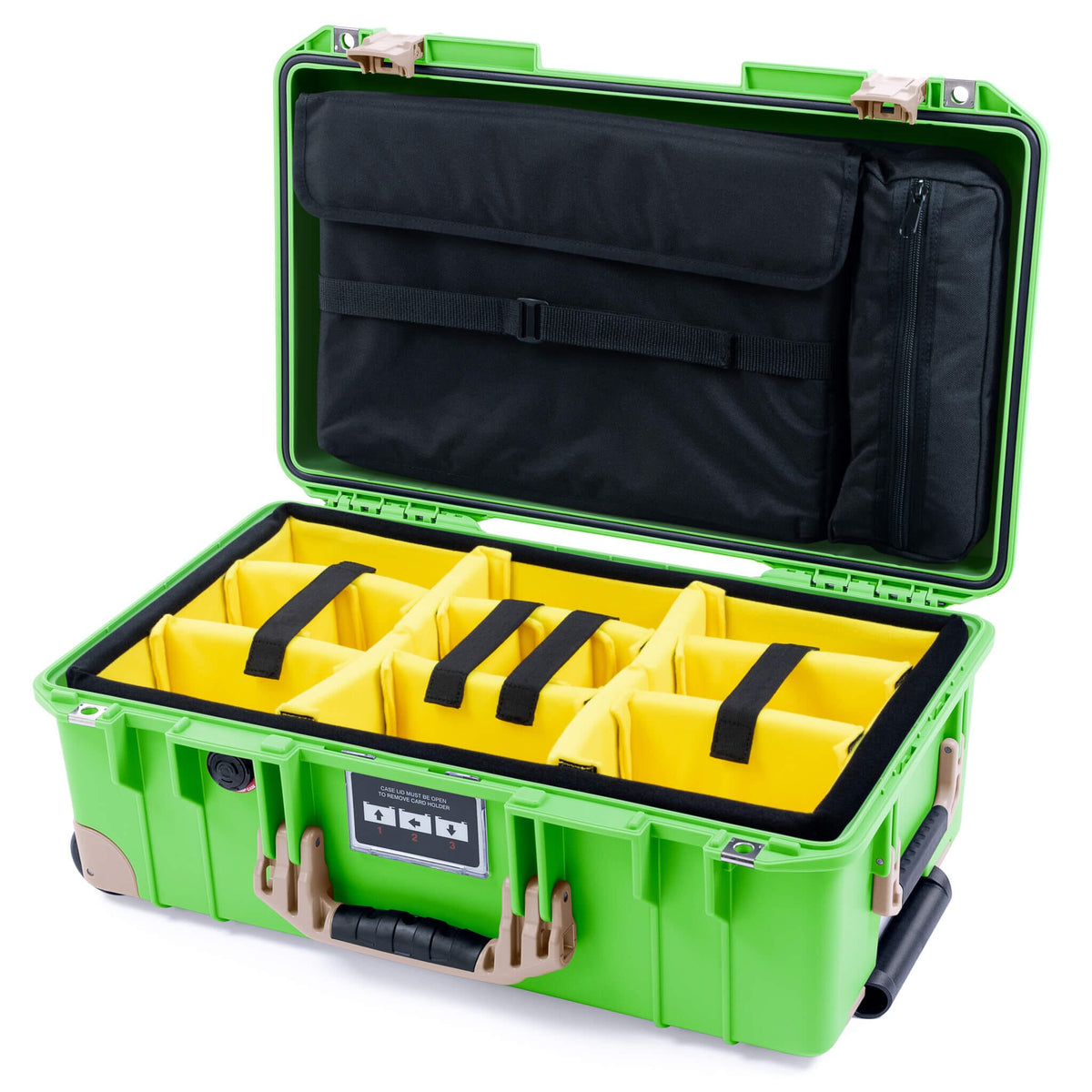 Pelican 1535 Air Case, Lime Green with Desert Tan Handles, Latches &amp; Trolley Yellow Padded Microfiber Dividers with Laptop Computer Lid Pouch ColorCase 015350-0210-300-311-310