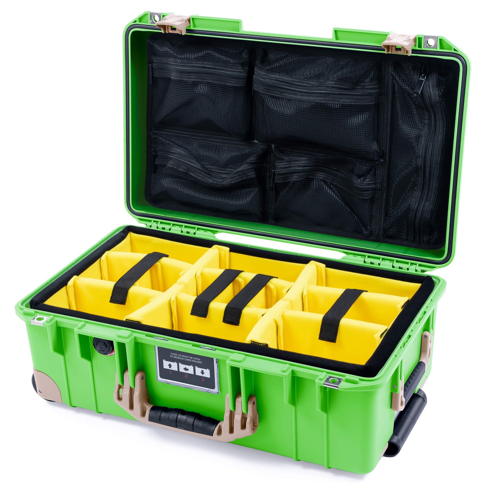 Pelican 1535 Air Carry - on Case - Lime Green & Desert Tan Trolley - Yellow Padded Microfiber Dividers / Mesh Lid Organizer