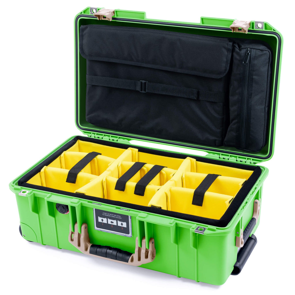 Pelican 1535 Air Case, Lime Green with Desert Tan Handles &amp; Latches Yellow Padded Microfiber Dividers with Laptop Computer Lid Pouch ColorCase 015350-0210-300-311