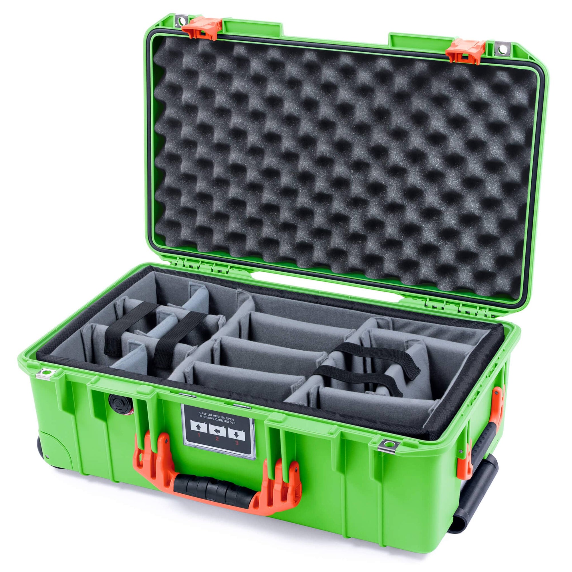 Pelican 1535 Air Case, Lime Green with Orange Handles & Push-Button Latches Gray Padded Microfiber Dividers with Convolute Lid Foam ColorCase 015350-0070-300-151