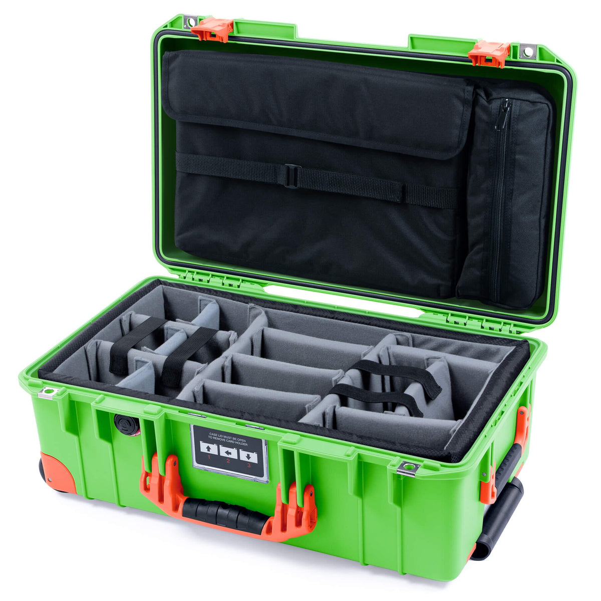 Pelican 1535 Air Case, Lime Green with Orange Handles, Push-Button Latches &amp; Trolley Gray Padded Microfiber Dividers with Computer Pouch ColorCase 015350-0270-300-151-150