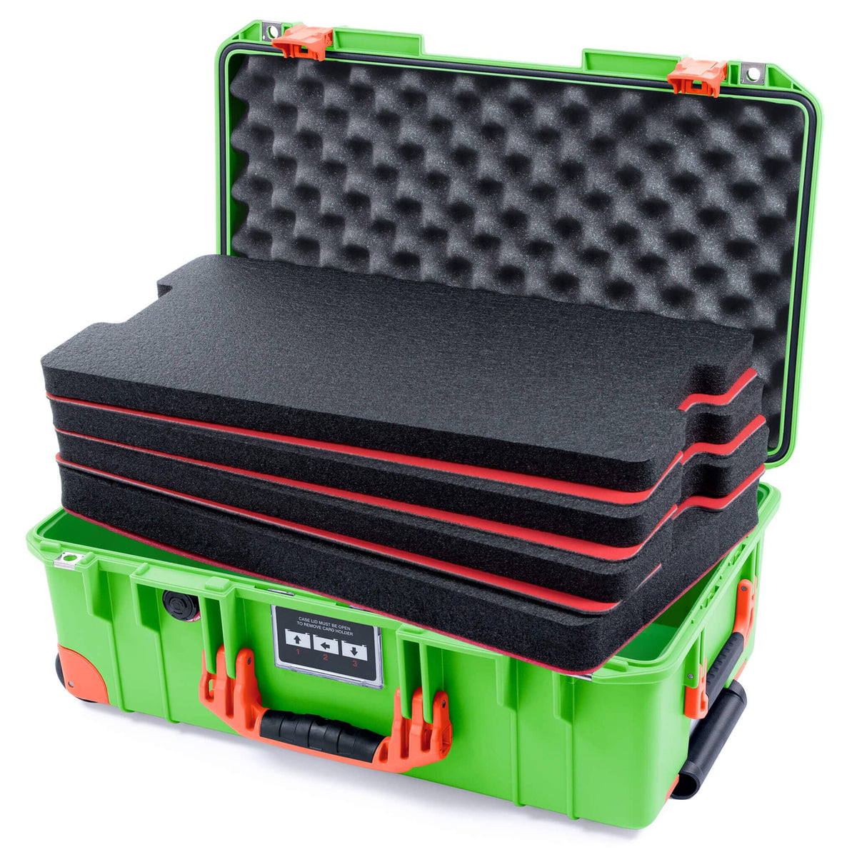 Pelican 1535 Air Case, Lime Green with Orange Handles, Push-Button Latches &amp; Trolley Custom Tool Kit (4 Foam Inserts with Convolute Lid Foam) ColorCase 015350-0060-300-151-150