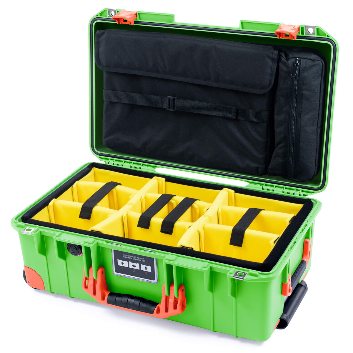 Pelican 1535 Air Case, Lime Green with Orange Handles, Push-Button Latches &amp; Trolley Yellow Padded Microfiber Dividers with Computer Pouch ColorCase 015350-0210-300-151-150