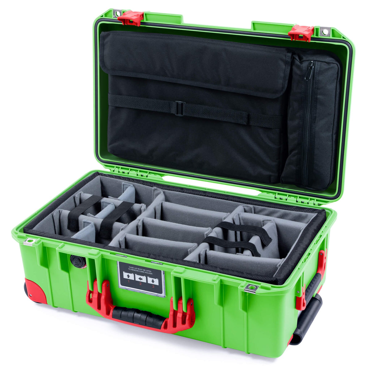Pelican 1535 Air Case, Lime Green with Red Handles, Push-Button Latches &amp; Trolley Gray Padded Microfiber Dividers with Laptop Computer Lid Pouch ColorCase 015350-0270-300-321-320