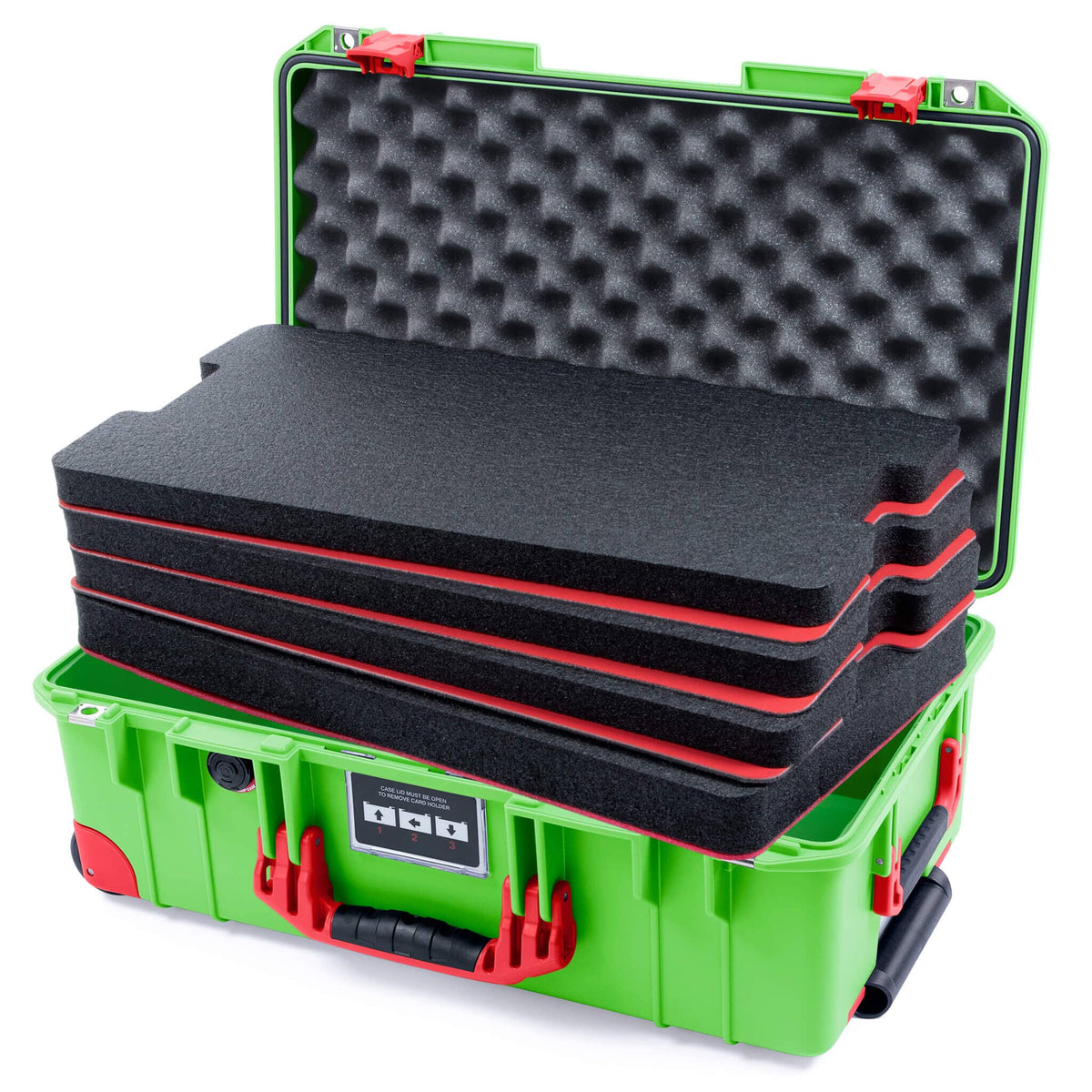 Pelican 1535 Air Case, Lime Green with Red Handles, Push-Button Latches &amp; Trolley Custom Tool Kit (4 Foam Inserts with Convoluted Lid Foam) ColorCase 015350-0060-300-321-320