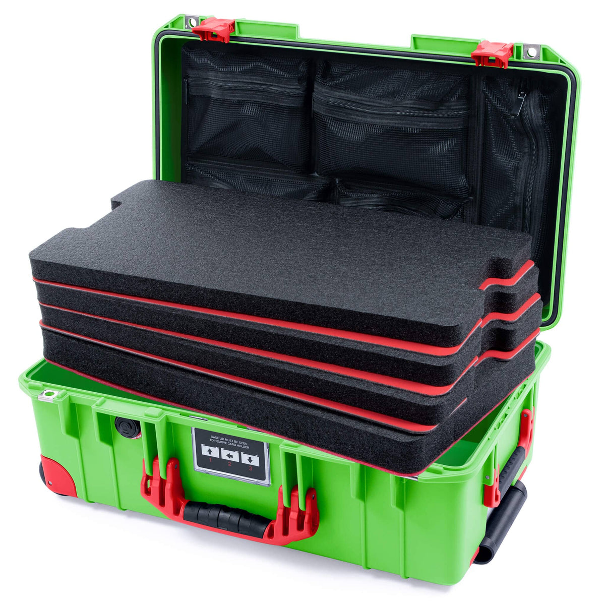 Pelican 1535 Air Case, Lime Green with Red Handles, Push-Button Latches &amp; Trolley Custom Tool Kit (4 Foam Inserts with Mesh Lid Organizer) ColorCase 015350-0160-300-321-320