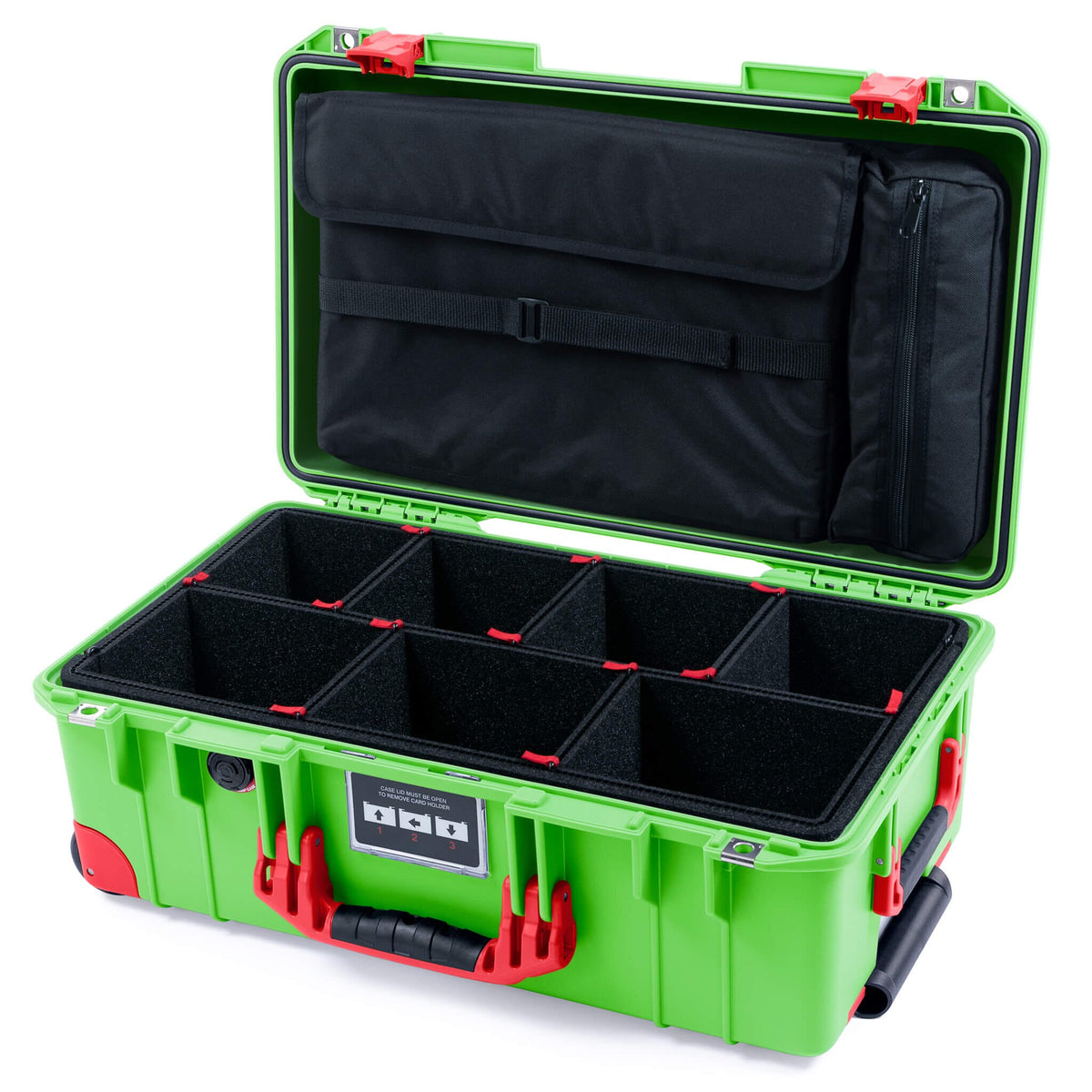 Pelican 1535 Air Case, Lime Green with Red Handles, Push-Button Latches &amp; Trolley TrekPak Divider System with Laptop Computer Lid Pouch ColorCase 015350-0220-300-321-320