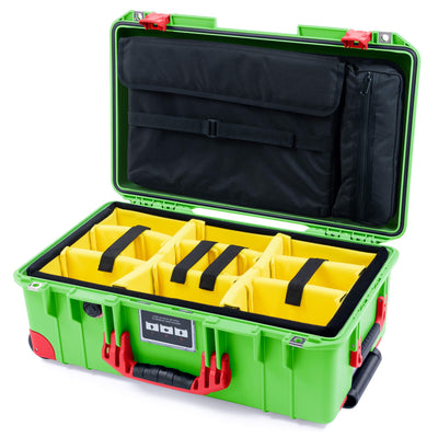 Pelican 1535 Air Case, Lime Green with Red Handles, Push-Button Latches & Trolley Yellow Padded Microfiber Dividers with Laptop Computer Lid Pouch ColorCase 015350-0210-300-321-320
