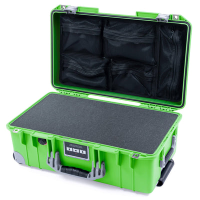 Pelican 1535 Air Case, Lime Green with Silver Handles, Push-Button Latches & Trolley Pick & Pluck Foam with Mesh Lid Organizer ColorCase 015350-0101-300-181-180