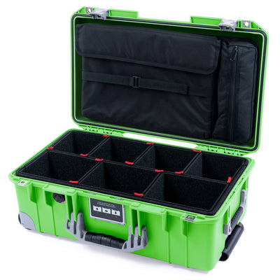Pelican 1535 Air Case, Lime Green with Silver Handles, Push-Button Latches & Trolley TrekPak Divider System with Laptop Computer Lid Pouch ColorCase 015350-0220-300-181-180
