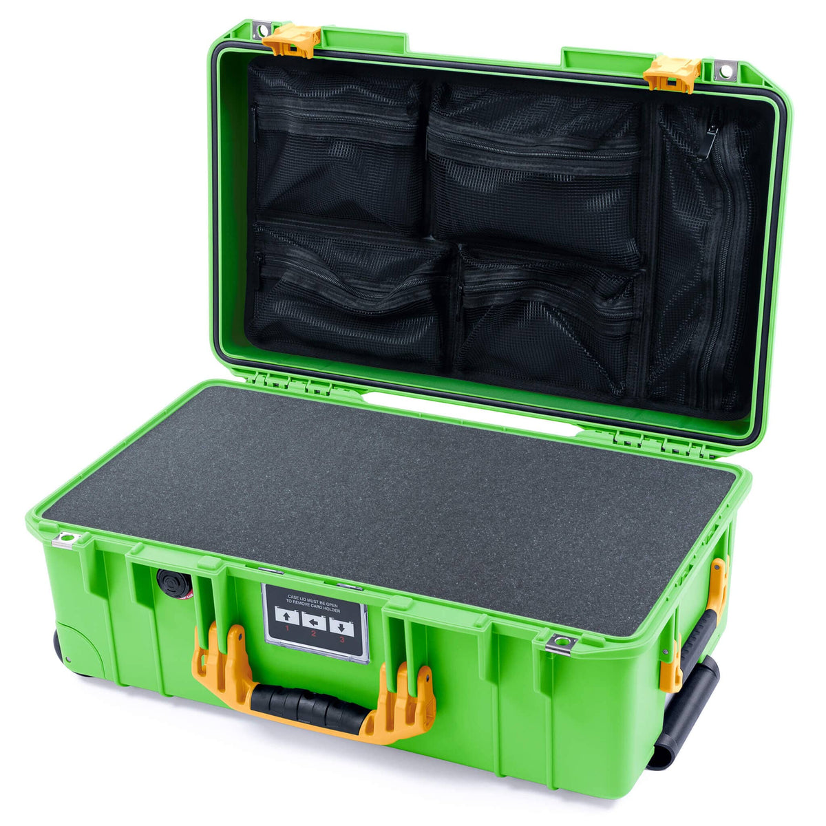 Pelican 1535 Air Case, Lime Green with Yellow Handles &amp; Push-Button Latches Pick &amp; Pluck Foam with Mesh Lid Organizer ColorCase 015350-0101-300-241