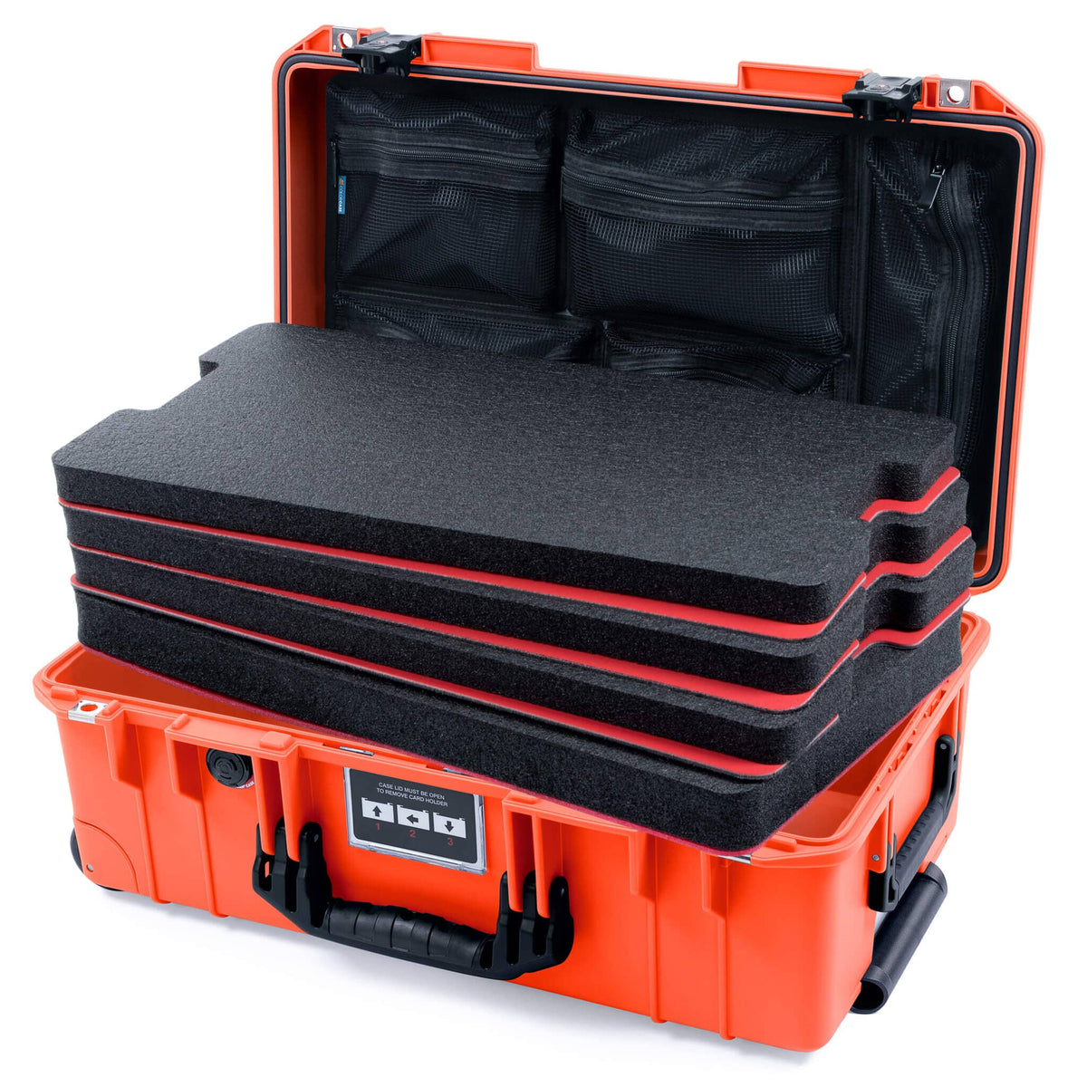 Pelican 1535 Air Case, Orange with Black Handles &amp; TSA Locking Latches Custom Tool Kit (4 Foam Inserts with Mesh Lid Organizer) ColorCase 015350-0160-150-L10