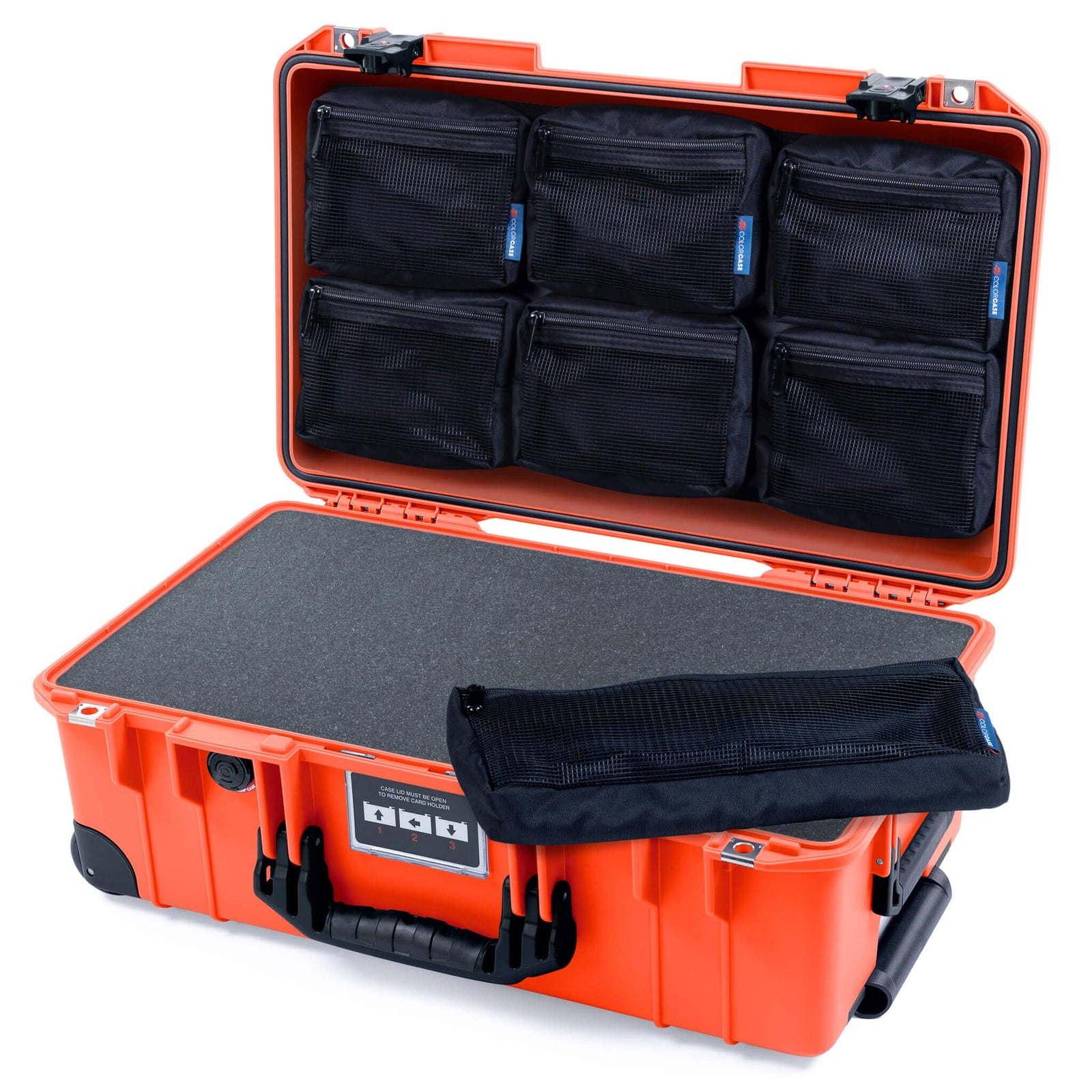 Pelican 1535 Air Case, Orange with Black Handles, TSA Locking Latches & Trolley Pick & Pluck Foam with 7-Piece Removable Mesh Pouches ColorCase 015350-0701-150-L10-110