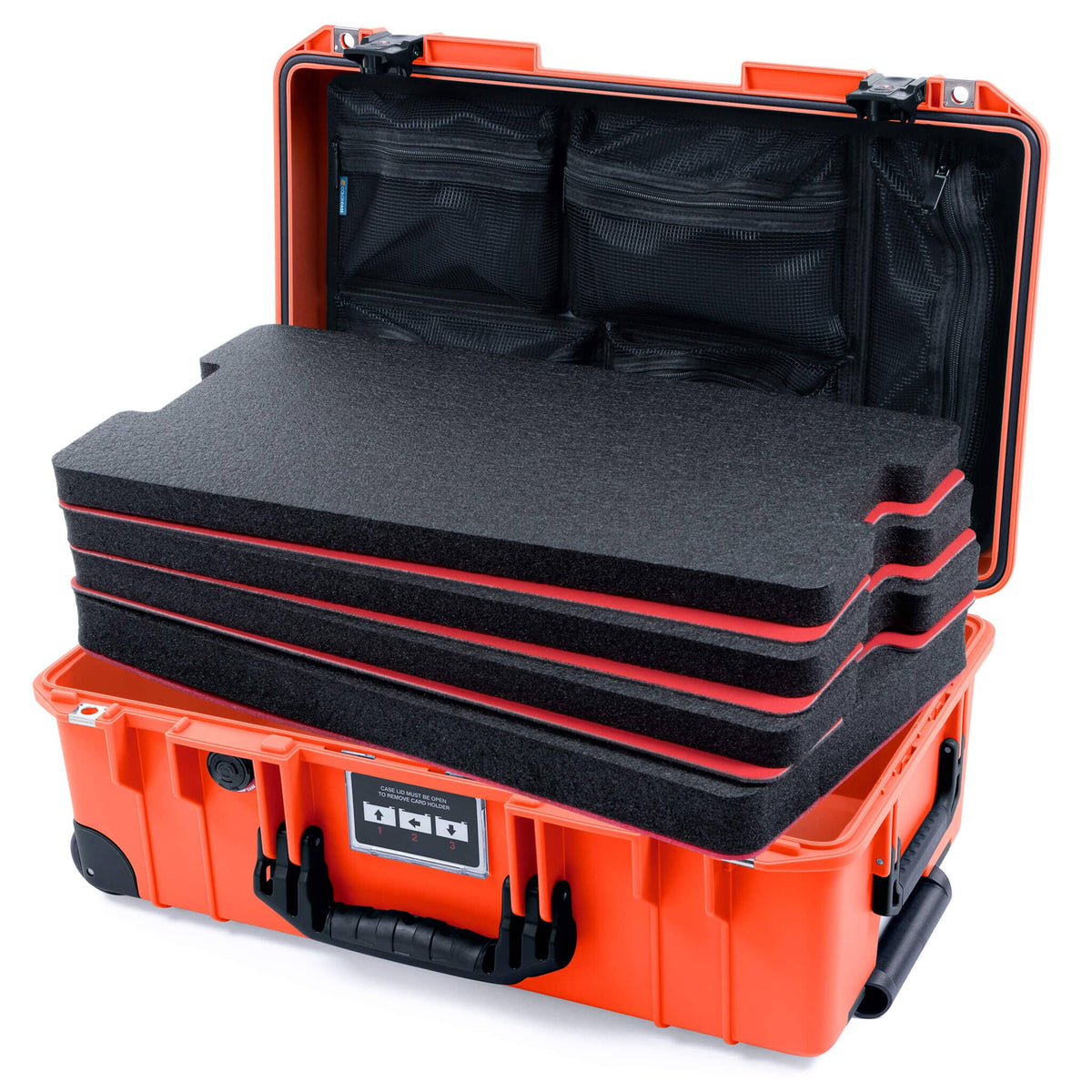 Pelican 1535 Air Case, Orange with Black Handles, TSA Locking Latches &amp; Trolley Custom Tool Kit (4 Foam Inserts with Mesh Lid Organizer) ColorCase 015350-0160-150-L10-110