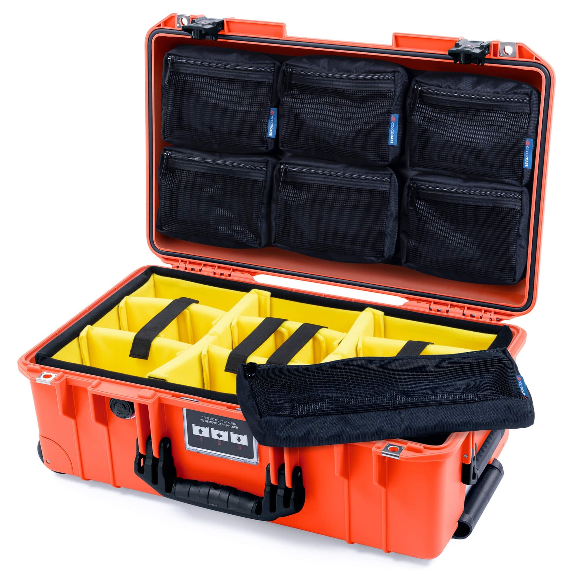 Pelican 1535 Air Case, Orange with Black Handles & TSA Locking Latches Yellow Padded Microfiber Dividers with 7-Piece Removable Mesh Pouches ColorCase 015350-0710-150-L10