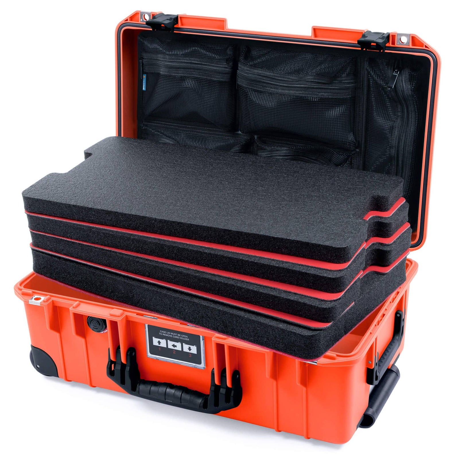 Pelican 1535 Air Case, Orange with Black Handles, Latches & Trolley Custom Tool Kit (4 Foam Inserts with Mesh Lid Organizer) ColorCase 015350-0160-150-111-110