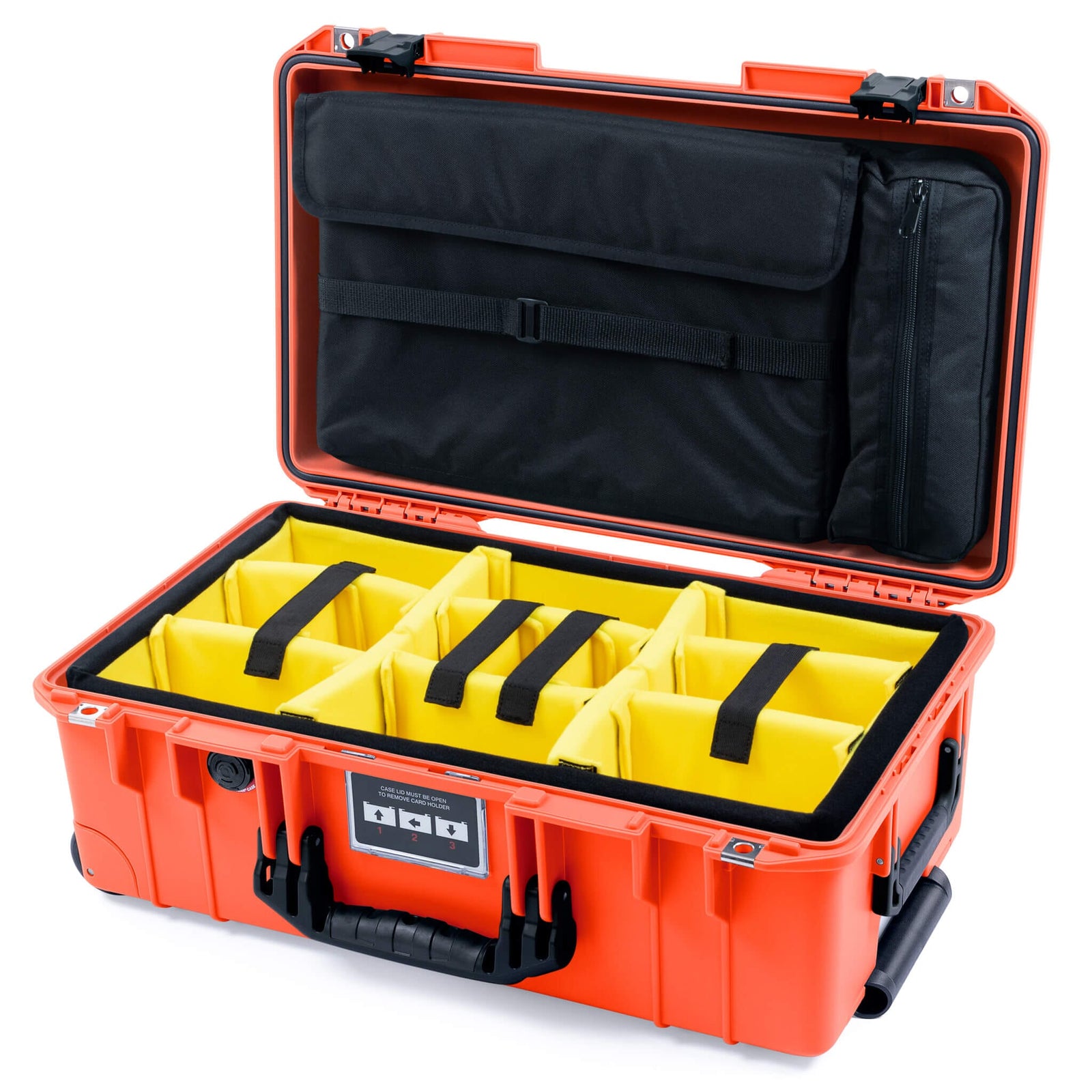 Pelican 1535 Air Case, Orange with Black Handles & Latches Yellow Padded Microfiber Dividers with Laptop Computer Lid Pouch ColorCase 015350-0210-150-111