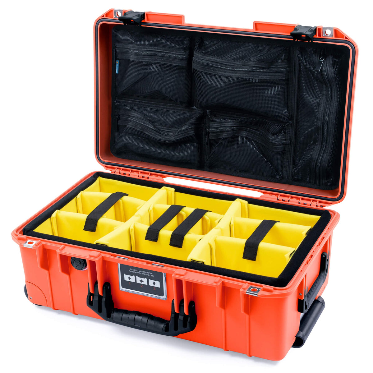 Pelican 1535 Air Case, Orange with Black Handles &amp; Latches Yellow Padded Microfiber Dividers with Mesh Lid Organizer ColorCase 015350-0110-150-111