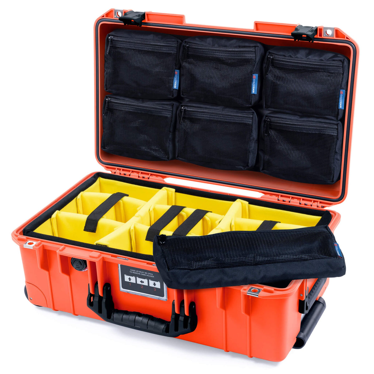 Pelican 1535 Air Case, Orange with Black Handles &amp; Latches Yellow Padded Microfiber Dividers with 7-Piece Removable Mesh Pouches ColorCase 015350-0710-150-111