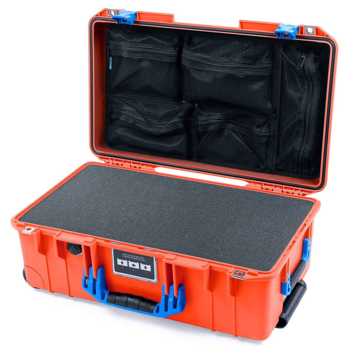 Pelican 1535 Air Case, Orange with Blue Handles &amp; Latches Pick &amp; Pluck Foam with Mesh Lid Organizer ColorCase 015350-0101-150-121