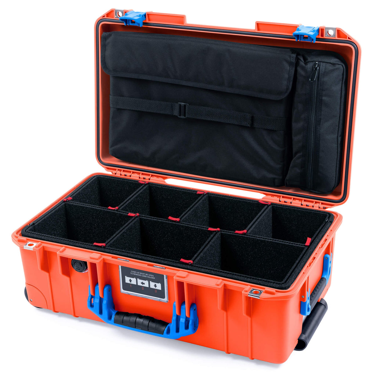 Pelican 1535 Air Case, Orange with Blue Handles &amp; Latches TrekPak Divider System with Laptop Computer Lid Pouch ColorCase 015350-0220-150-121