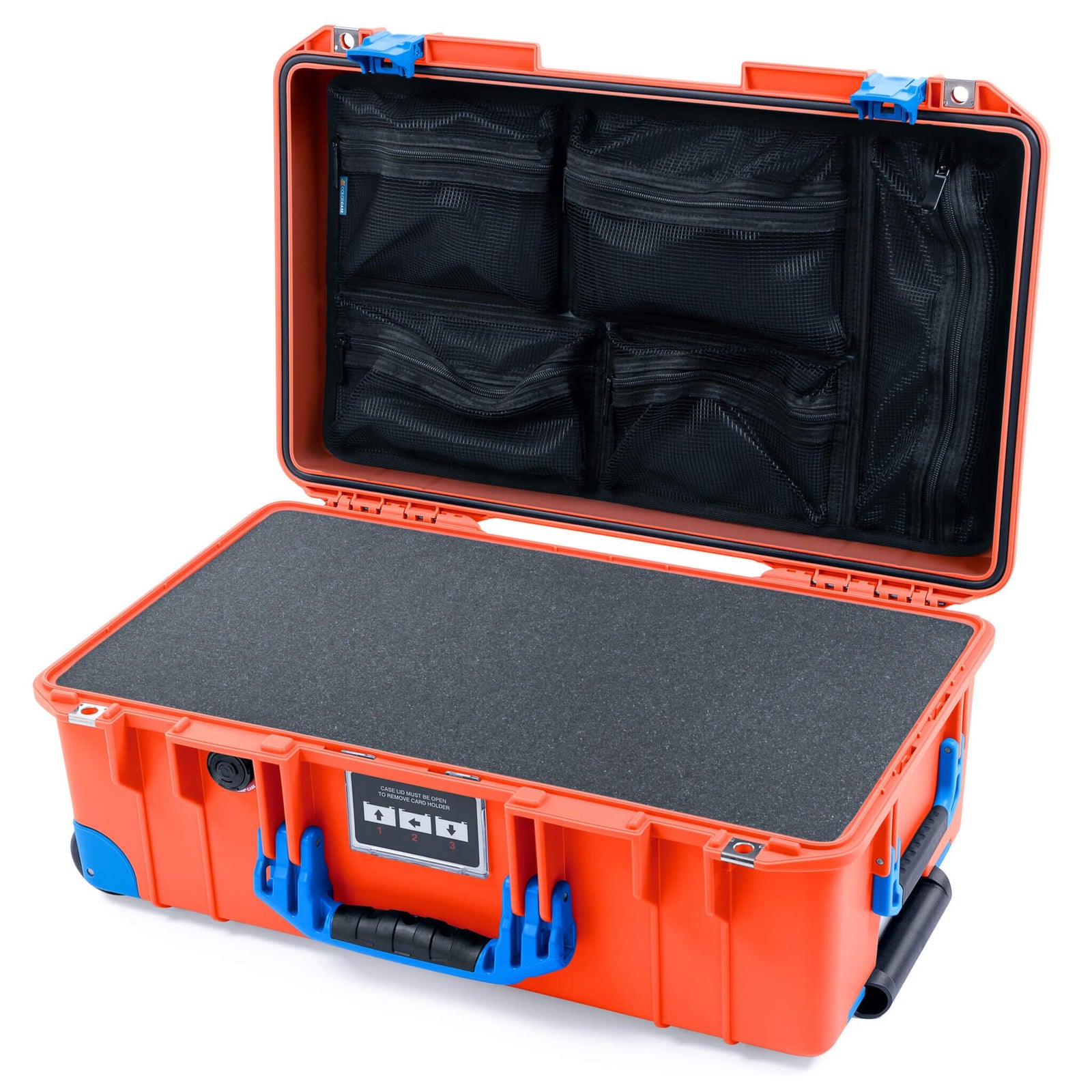 Pelican 1535 Air Case, Orange with Blue Handles, Latches & Trolley Pick & Pluck Foam with Mesh Lid Organizer ColorCase 015350-0101-150-121-120