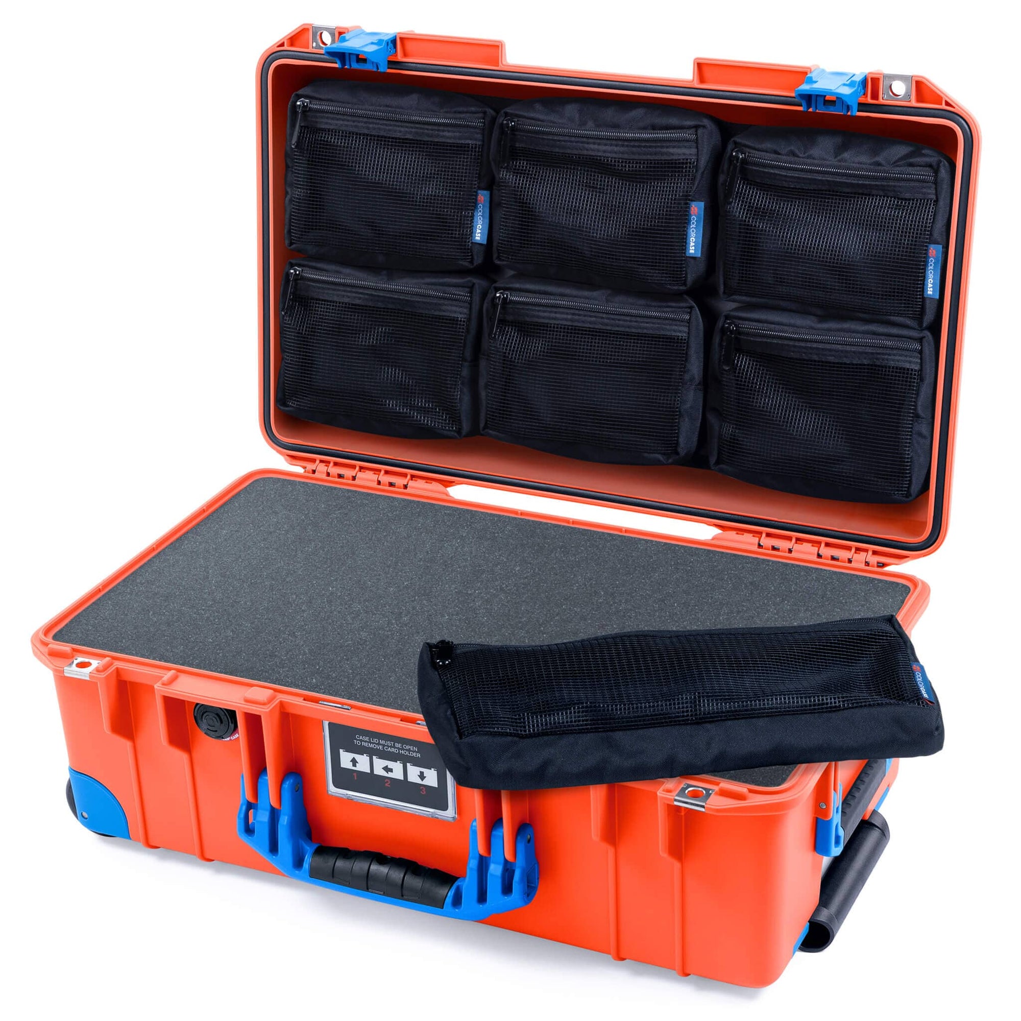 Pelican 1535 Air Case, Orange with Blue Handles, Latches & Trolley Pick & Pluck Foam with 7-Piece Removable Mesh Pouches ColorCase 015350-0701-150-121-120