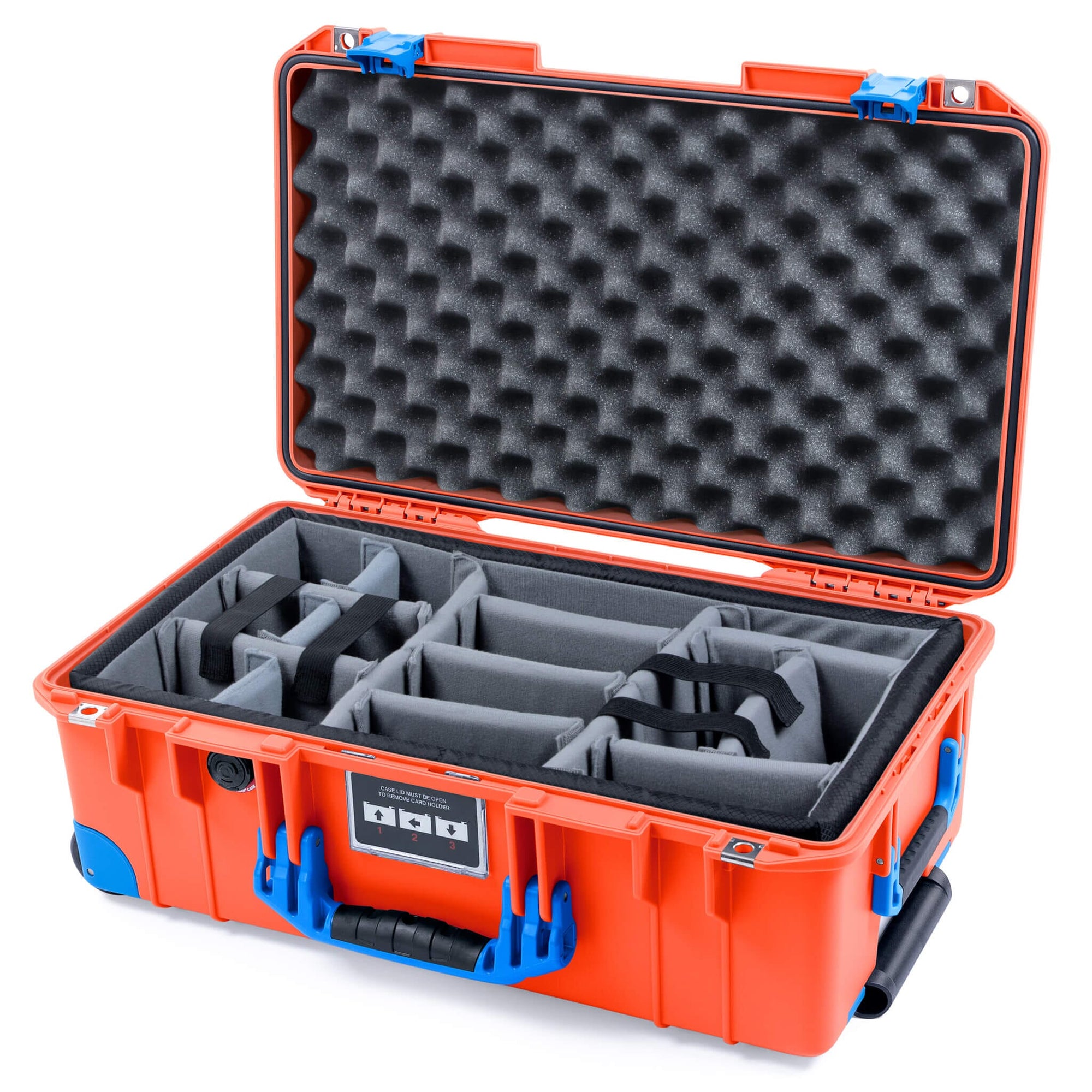 Pelican 1535 Air Case, Orange with Blue Handles, Latches & Trolley Gray Padded Microfiber Dividers with Convoluted Lid Foam ColorCase 015350-0070-150-121-120